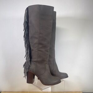 Gianni Bini Gray Leather Tall Knee High Fringe Western‎ Boots Womens 5.5M